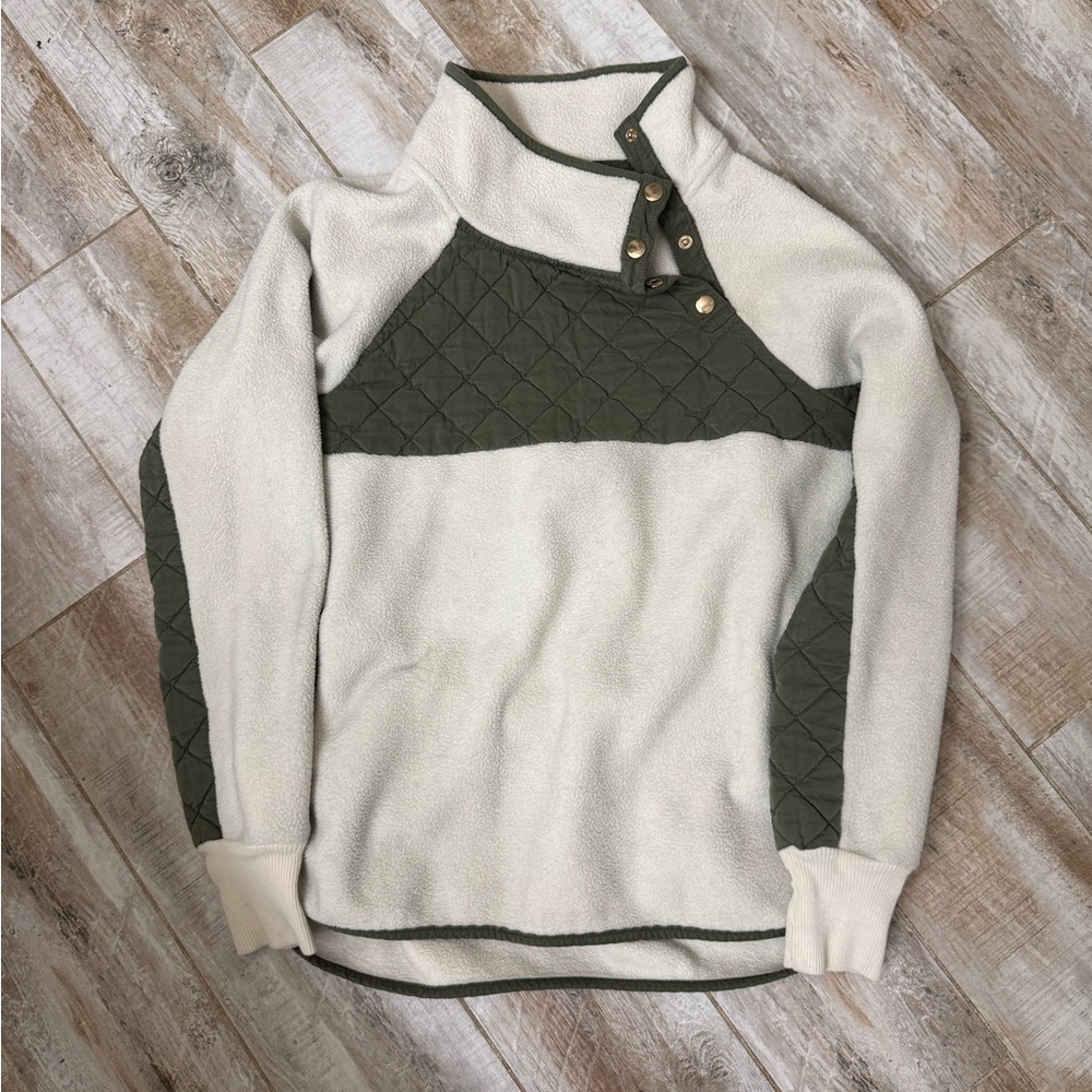 Abercrombie & Fitch Cream and Olive Quilted-Panel Snap Funnel Neck Sweater